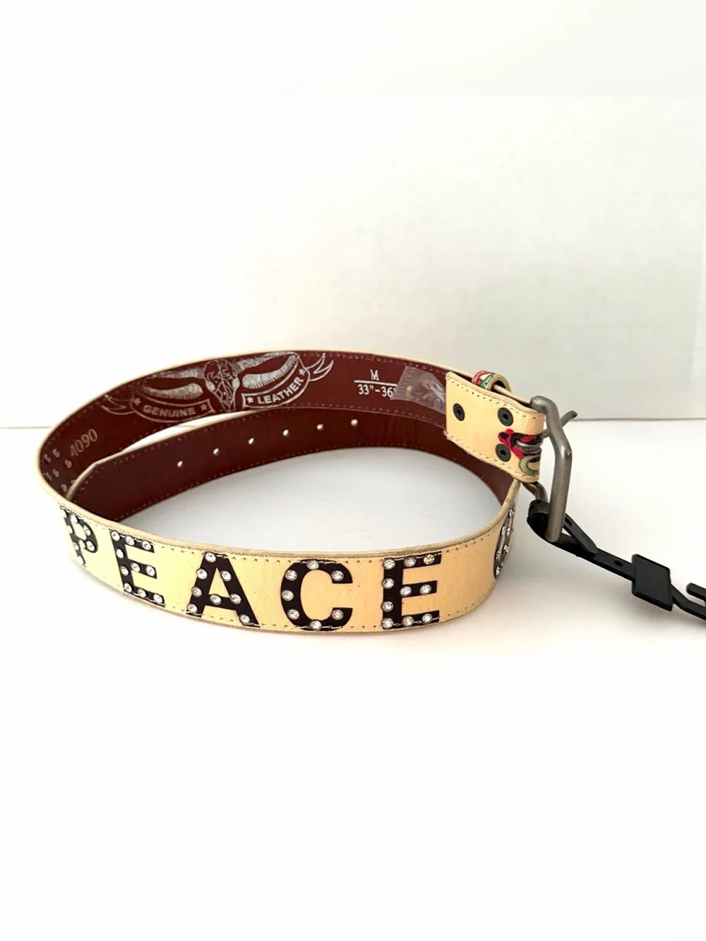 Vintage Genuine Leather Belt PEACE Rhinestone Tattoo Art Winged Heart 33” - 36”